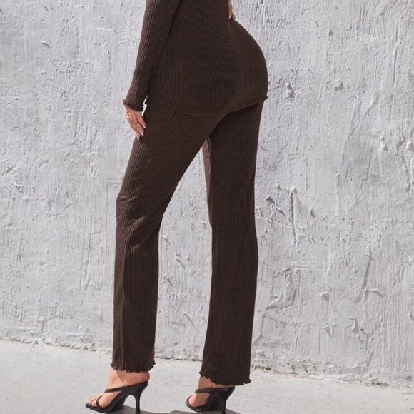 Ribbed Knit Lettuce Trim Flare Leg Pants - Picture 8 of 9